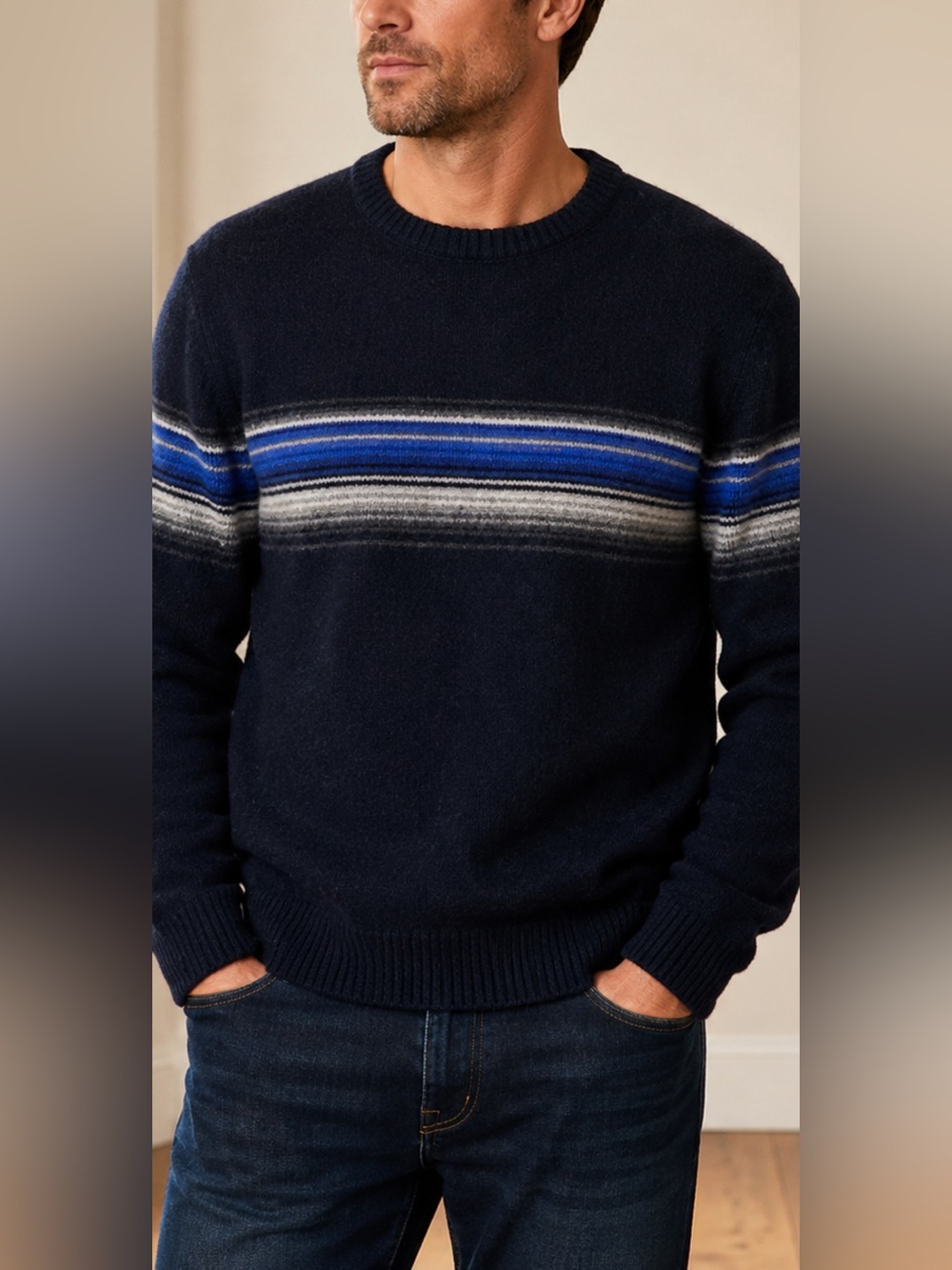 Heavy Thick Wool Blend Sweater Mens L Navy Striped Warm Soft